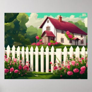 Cottage with a White Picket Fence and Flowers Poster