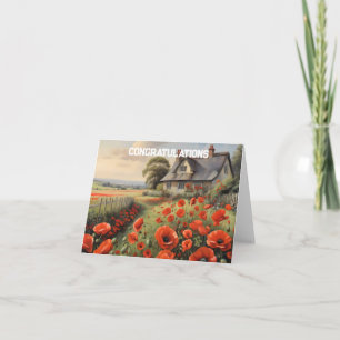 Cottage with picket fence and red poppie meadow card