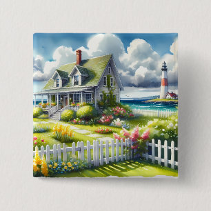 Cottage With View Of The Lighthouse 2 Inch Square Button