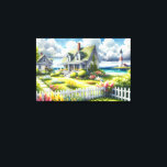 Cottage With View Of The Lighthouse Canvas Print<br><div class="desc">A dreamy coastal cottagecore landscape filled with soft watercolor charm and breezy seaside tranquility. A welcoming seaside cottage sits among lush garden paths, blooming flowers, and a bright white picket fence, creating a warm storybook atmosphere. In the distance, a tall lighthouse rises beside sparkling blue ocean waves, adding a classic...</div>