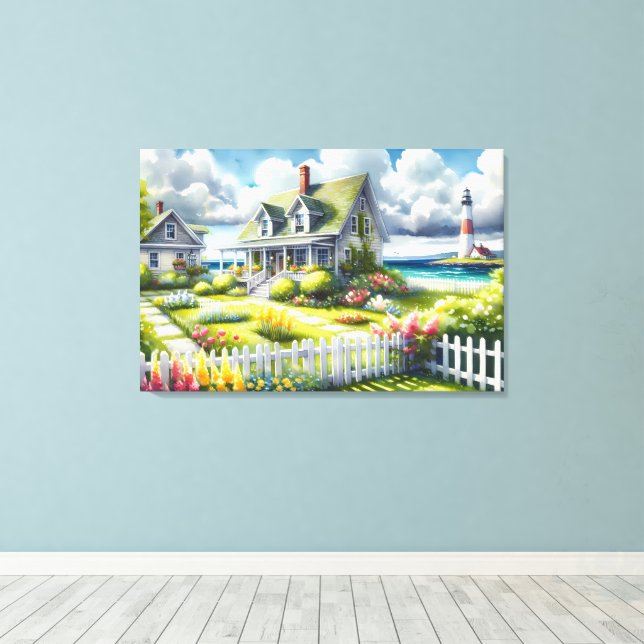 Cottage With View Of The Lighthouse Canvas Print (Insitu(Wood Floor))