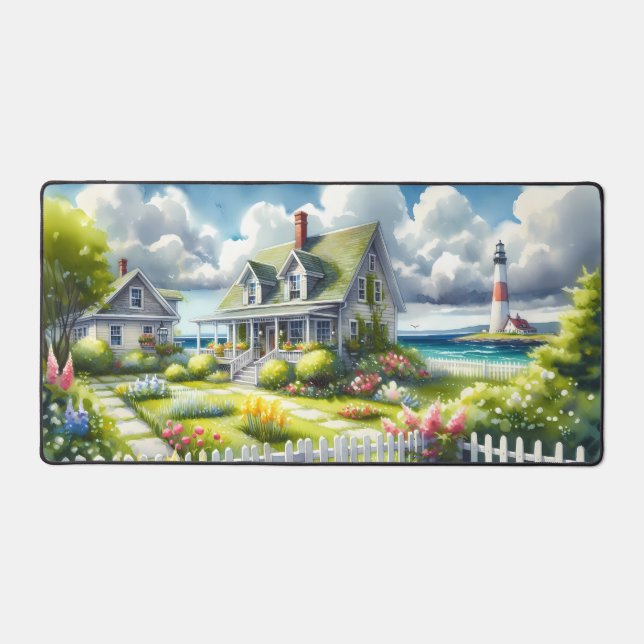 Cottage With View Of The Lighthouse Desk Mat (Front)