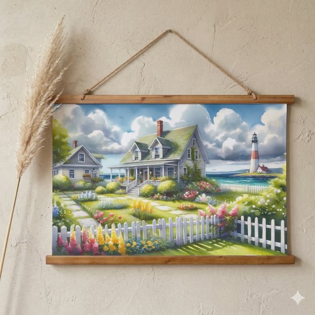 Cottage With View Of The Lighthouse Hanging Tapestry (Cottage With View Of The Lighthouse Hanging Tapestry On Wall)