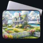 Cottage With View Of The Lighthouse Laptop Sleeve<br><div class="desc">A dreamy coastal cottagecore landscape filled with soft watercolor charm and breezy seaside tranquility. A welcoming seaside cottage sits among lush garden paths, blooming flowers, and a bright white picket fence, creating a warm storybook atmosphere. In the distance, a tall lighthouse rises beside sparkling blue ocean waves, adding a classic...</div>