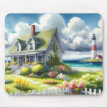Cottage With View Of The Lighthouse Mouse Pad<br><div class="desc">A dreamy coastal cottagecore landscape filled with soft watercolor charm and breezy seaside tranquility. A welcoming seaside cottage sits among lush garden paths, blooming flowers, and a bright white picket fence, creating a warm storybook atmosphere. In the distance, a tall lighthouse rises beside sparkling blue ocean waves, adding a classic...</div>