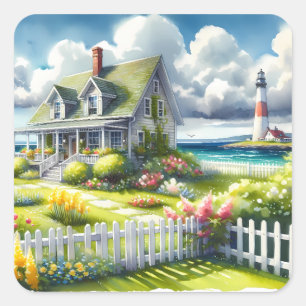 Cottage With View Of The Lighthouse Square Sticker