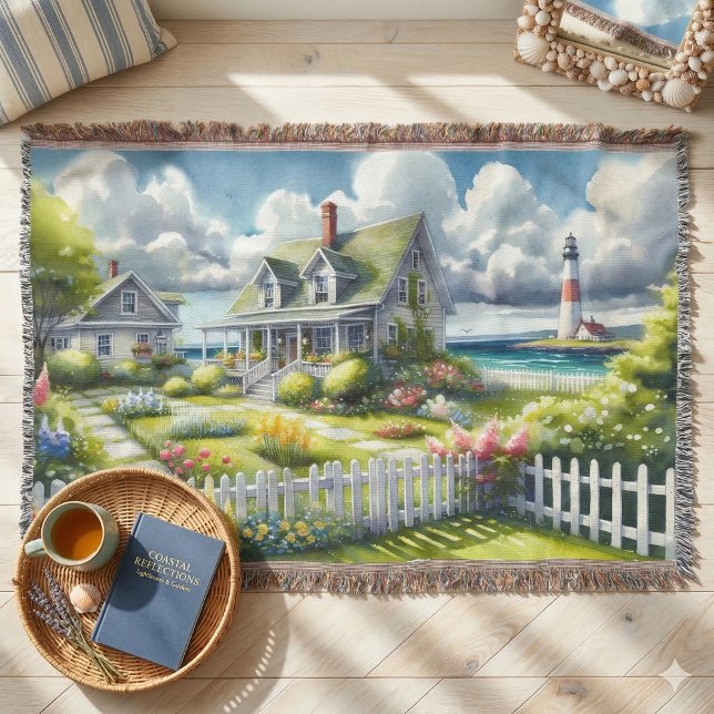 Cottage With View Of The Lighthouse Throw Blanket (Cottage With View Of The Lighthouse Throw Blanket On Wood Floor)