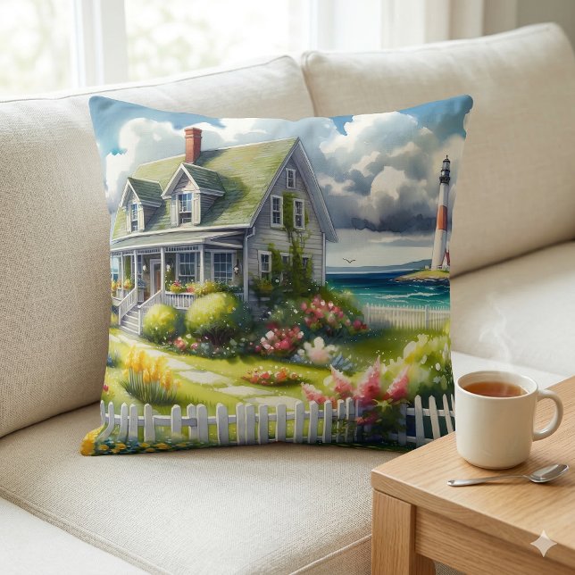 Cottage With View Of The Lighthouse Throw Pillow (Cottage With View Of The Lighthouse Throw Pillow Mockup A)