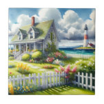 Cottage With View Of The Lighthouse Tile<br><div class="desc">A dreamy coastal cottagecore landscape filled with soft watercolor charm and breezy seaside tranquility. A welcoming seaside cottage sits among lush garden paths, blooming flowers, and a bright white picket fence, creating a warm storybook atmosphere. In the distance, a tall lighthouse rises beside sparkling blue ocean waves, adding a classic...</div>