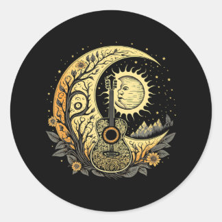 Cottagecore Acoustic Guitar With Moon Sun And Classic Round Sticker