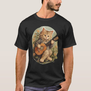 Cottagecore Aesthetic Cat Playing Banjo on Flowers T-Shirt