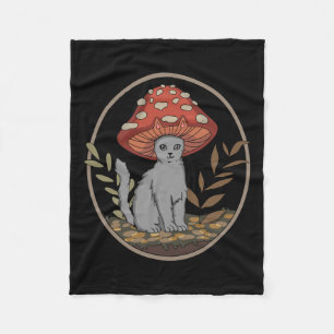 Cottagecore Aesthetic Cat With Mushroom Hat  Fleece Blanket