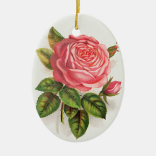 Cottagecore Antique Pink Rose Floral Illustration Ceramic Ornament