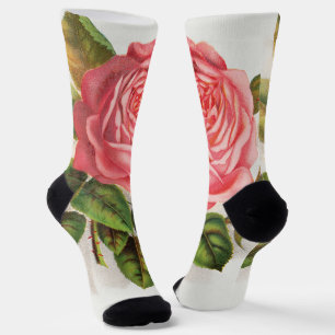 Cottagecore Antique Pink Rose Floral Illustration Socks