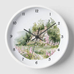 Cottagecore Aquarelle Cottage Horloge murale