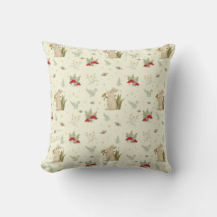 Cottagecore Beige Botanical Red Mushroom Woodland Throw Pillow