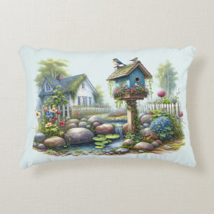 Cottagecore Birdhouse Garden Watercolor Accent Pillow
