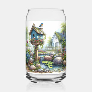 Cottagecore Birdhouse Garden Watercolor Can Glass