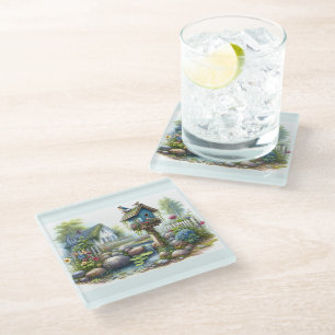 Cottagecore Birdhouse Garden Watercolor Glass Coaster