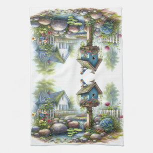 Cottagecore Birdhouse Garden Watercolor Kitchen Towel