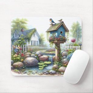Cottagecore Birdhouse Garden Watercolor Mouse Pad