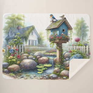 Cottagecore Birdhouse Garden Watercolor Sherpa Blanket
