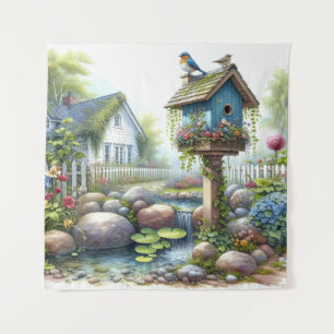 Cottagecore Birdhouse Garden Watercolor Tapestry
