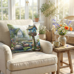 Cottagecore Birdhouse Garden Watercolor Throw Pillow