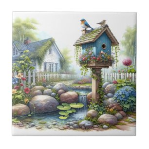 Cottagecore Birdhouse Garden Watercolor Tile