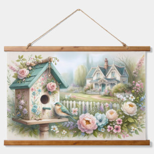 Cottagecore Birdhouse with Floral Garden Hanging Tapestry