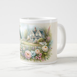 Cottagecore Birdhouse with Floral Garden Large Coffee Mug
