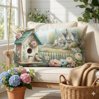 Cottagecore Birdhouse with Floral Garden Lumbar Pillow