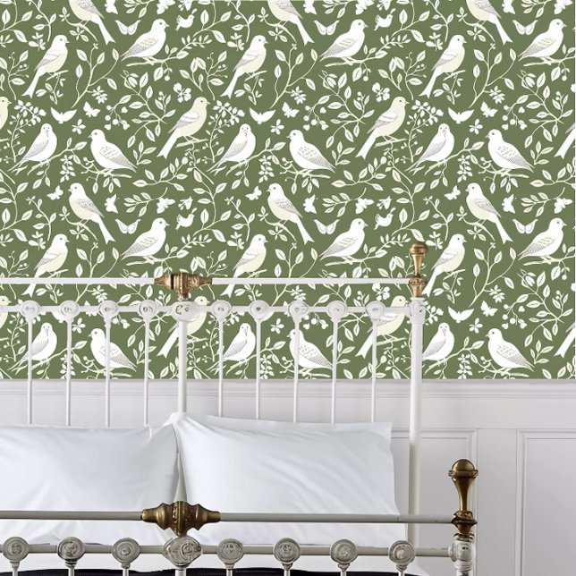 Cottagecore Birds on Green  Wallpaper (Cottagecore Birds on Green Wallpaper behind a white metal framed bed.)