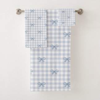 Cottagecore Blue Gingham and Bows Bathroom Bath Towel Set