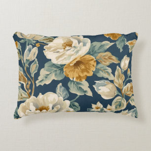 Cottagecore Blue Mustard Yellow Cream Floral Print Accent Pillow