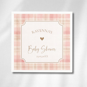 Cottagecore Blush Ivory Plaid Gold Baby Shower Napkin