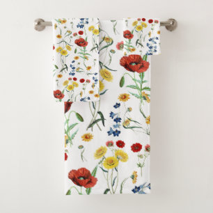 Cottagecore Botanical Poppy Daisy Floral Pattern Bath Towel Set