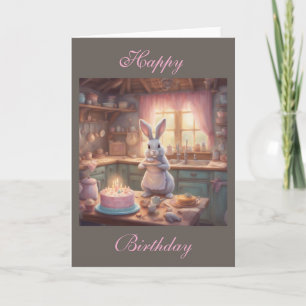 Cottagecore Bunny Bakes Birthday Cake whimsical Card