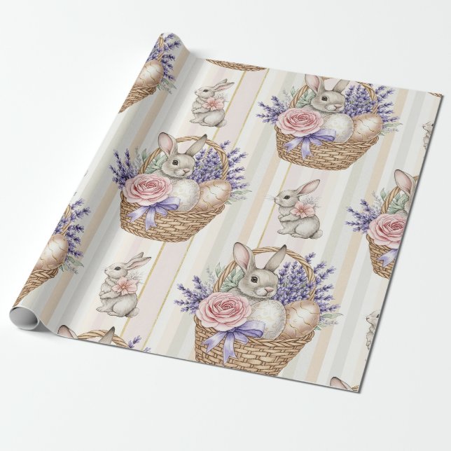 Cottagecore Bunny Basket Floral Easter Spring Wrapping Paper (Unrolled)