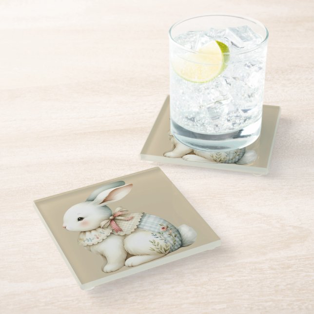 Cottagecore Bunny Charm Glass Coaster (Angled)