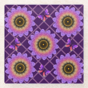 Cottagecore Butterfly & Flower Grid Pattern Glass Coaster