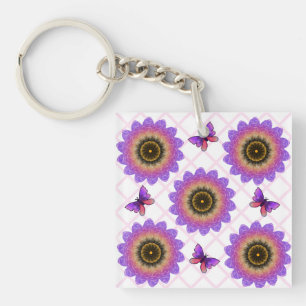 Cottagecore Butterfly & Flower Grid Pattern Keychain