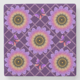 Cottagecore Butterfly & Flower Grid Pattern Stone Coaster
