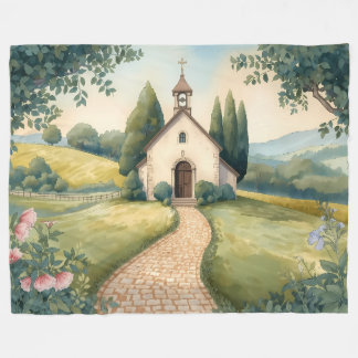 Cottagecore Chapel Path Pastel Landscape Fleece Blanket