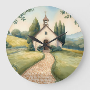 Cottagecore Chapel Path Pastel Landscape Large Clock