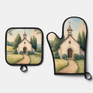 Cottagecore Chapel Path Pastel Landscape Oven Mitt & Pot Holder Set