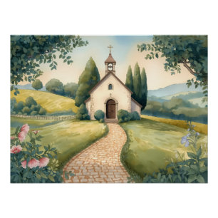 Cottagecore Chapel Path Pastel Landscape Poster