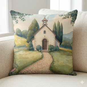 Cottagecore Chapel Path Pastel Landscape Throw Pillow