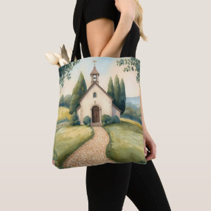 Cottagecore Chapel Path Pastel Landscape Tote Bag