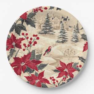 Cottagecore Christmas Manor Red Poinsettia Cream Paper Plate